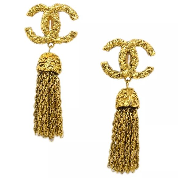 Chanel Fringe Charm Dangle Earrings Clip-On Gold - Picture 1 of 4